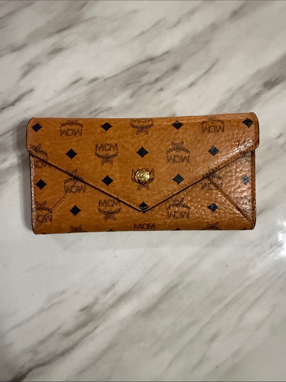 MCM Cognac Logo Envelope Wallet with Gold Snap